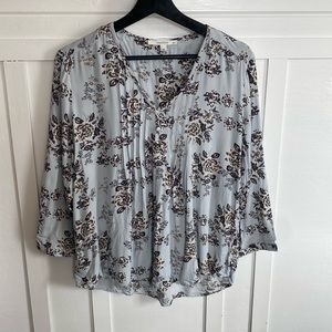 Fun2Fun Women’s Medium Feminine Floral Blue Boho Pleated Peasant Cottage Blouse